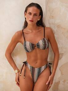 SHEIN Swim Women's 2 Pieces Beige Bikini Set, & Elegant Sea Shell Pattern Swimwear,Adjustable Straps Criss-Cross Tie,Summer Casual Beach Vacation Holiday - Multicolor - View 3
