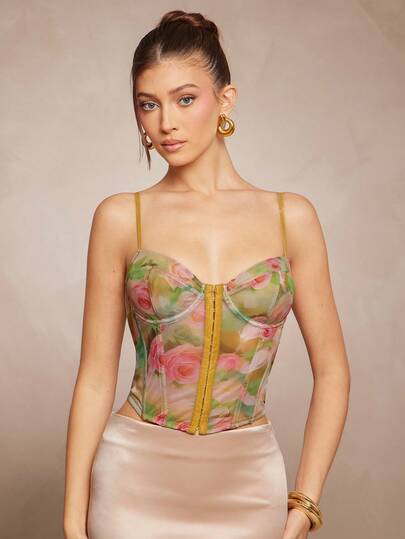 L'Amorae 女士迷离花朵印花网眼紧身胸衣春夏上衣