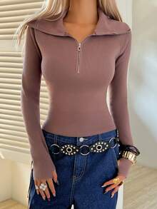 DAZY 女式纯色半拉链修身休闲长袖套头毛衣 - 棕色 - 查看 3