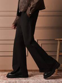 SUMWON 男士喇叭阔腿裤，侧开衩设计，宽松版型休闲裤，适合街头时尚 - 黑色 - 查看 3