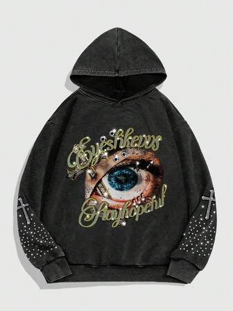 Street Life Herren Lässig Augen- & Buchstaben-Grafik Fleece Hoodie Sweatshirt, Herbst, Langarm Oberteil