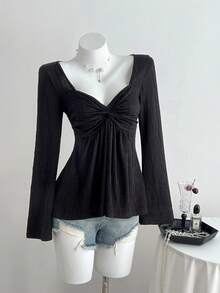 Elamini Women's Textured Jacquard Casual Versatile New Twist Knot Fitted V-Neck Long Sleeve T-Shirt, Autumn/Winter - Black - View 5