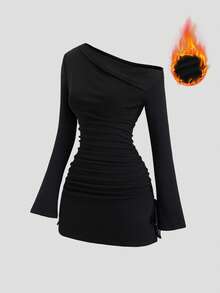 Sweetra 女式不对称荷叶边肩部裹身连衣裙，长袖，适合万圣节、郊游、通勤、旅行、约会，黑色 - 黑色 - 查看 1