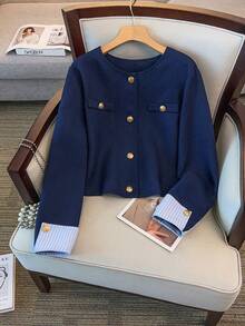 GlowEve CURVE Plus Size Women's Autumn New French Fashionable Elegant Patchwork Design Metal Button Cuff Striped Blazer - Black - View 1