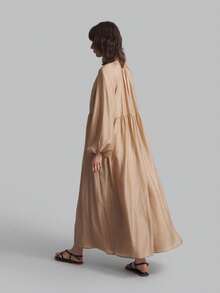Ontre 2025 New Women's Loose V-Neck Lantern Sleeve Long Dress, Khaki Color, Spring/Resort - Khaki - View 2
