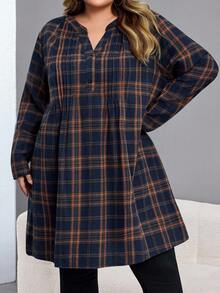 SHEIN CURVE+ 特大秋季女式前扣长袖格子休闲迷你连衣裙 - 彩色 - 查看 6