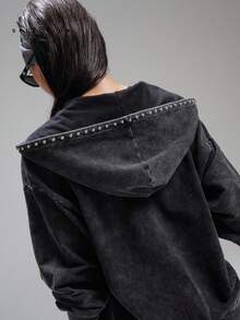 LYSMO 2025新款极简主义秋季女款纯色落肩拉链前开襟休闲连帽衫，适合返校、返校节、2000年代风格、Y2K女性、街头潮流中性时尚前卫索环设计教师、机场和旅行女性万圣节 - 黑色 - 查看 8