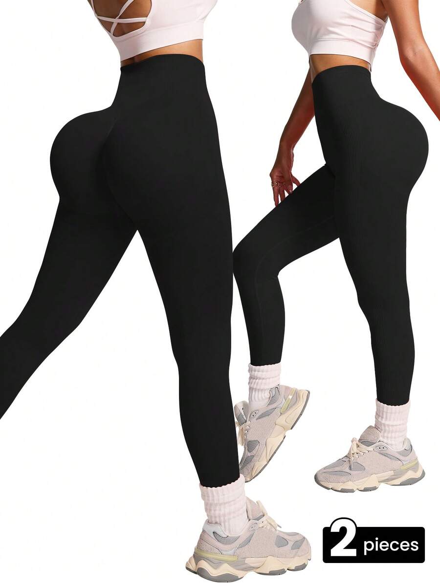 Slayform 2 chiếc quần legging thể thao cạp cao liền mạch màu trơn cho nữ - màu đen - Xem 1