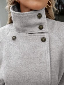 Xyvia 秋冬女装休闲高领纽扣腰带中长款毛呢大衣，老钱风女装/女士办公装/外出装，女士秋装 - 淺灰色 - 查看 7