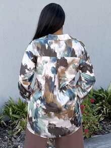 Alexandranx Retro High-End Palette Oil Painting Print Satin Long Sleeve Women Blouse Elegant Business Casual Women Button Up Shirt Women  - Multicolor - View 2