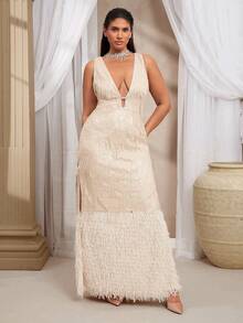 VOLUPTÉ CURVE Plus Size Summer Champagne White Sequin V-Neck High Slit Feather Patchwork Deep Long Formal Dress For Wedding, Party, Graduation, Prom, Going Out - Apricot - View 1