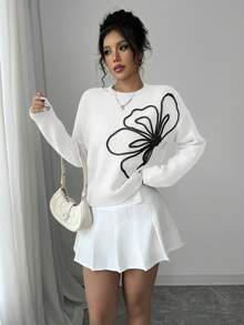 Elenzga Suéter de cuello redondo para mujer con estampado floral y unicolor - Blanco - Ver 7