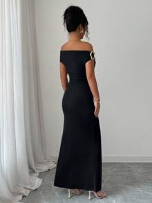 Rafferiza Elegant Ruched Off-Shoulder Metallic Accent Fitted Party Dress For Women - Black - View 2