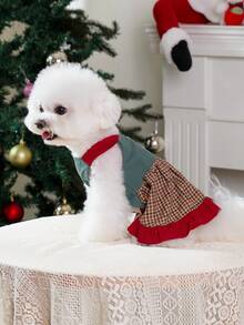 PETSIN Christmas Reindeer Plaid Pet Suspender Skirt, Cute Dog Cat Holiday Dress Skirt - blue-green - View 7