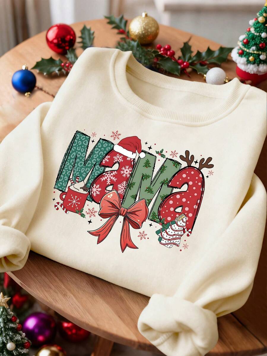 INAWLY 女士字母印花保暖内衬圆领长袖卫衣，秋冬季保暖 - 杏色 - 查看 1