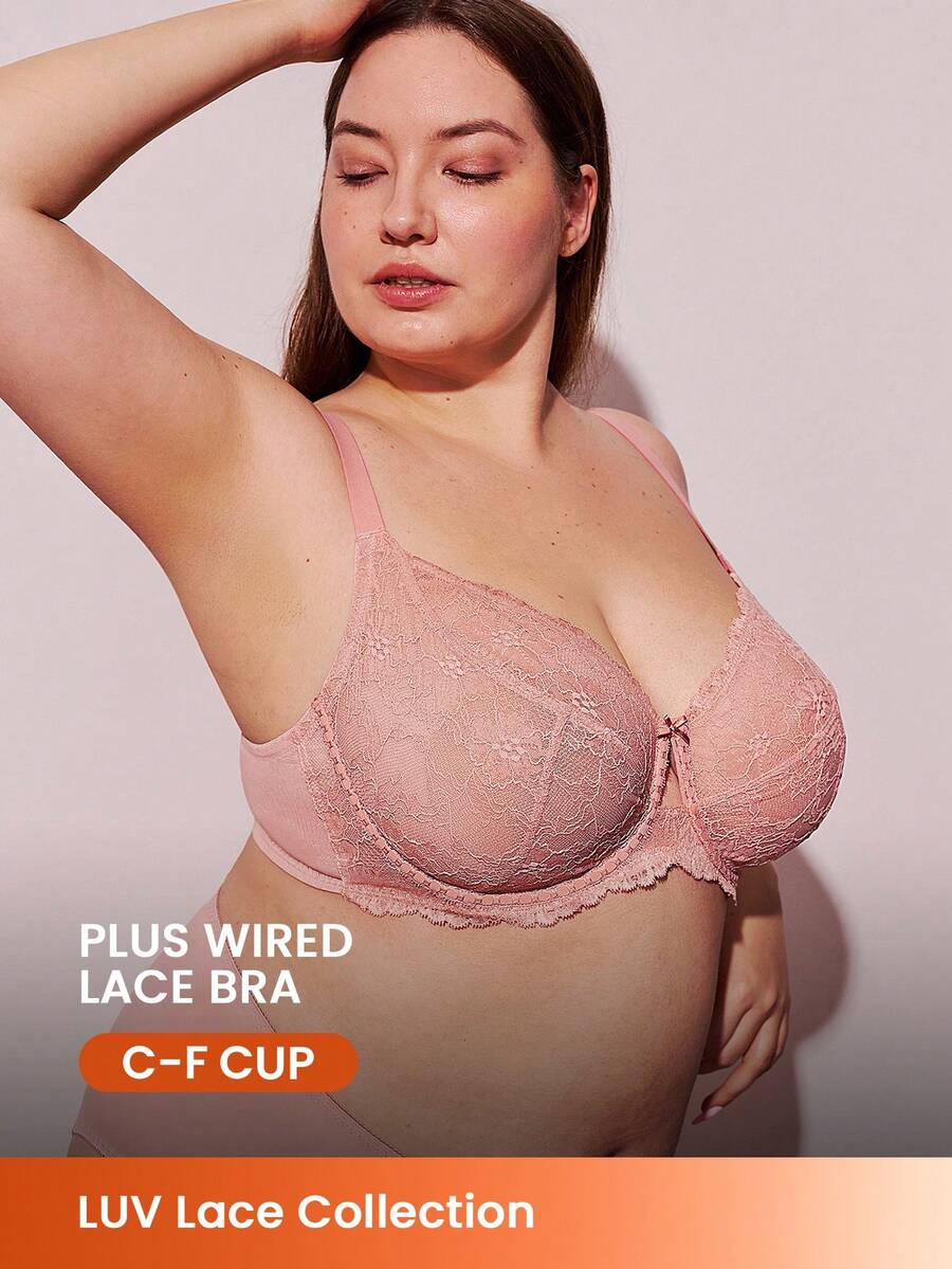 LUVLETTE Plus Full Coverage Breathable Unlined Lace Elegance & Mesh Keyhole Detail Lingerie Lounge Curve Sheer Minimizer Bridal Intimates Bra - Dusty Pink - View 1