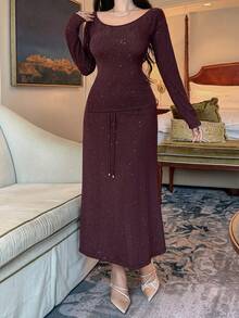 DAZY Set elegant de 2 piese pentru femei, cu tricou și fustă asimetrice cu paiete, toamnă - Violet - Vizualizare 6