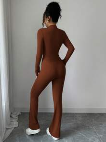 INAWLY 女式紧身拉链短款上衣，中式立领，喇叭裤，两件套 - 棕色 - 查看 2