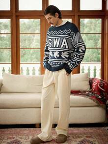 RivetRise Men's Letter & Pigeon Graphic Crew Neck Long Sleeve Casual Sweater, Autumn/Winter Graphic Sweater Men Mens Knit Sweater Pullover Sweater - Multicolor - View 3