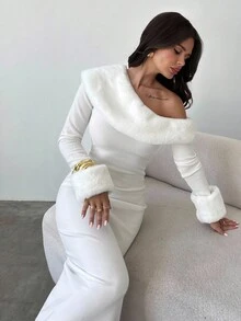 Firerie Vestido de punto asimétrico con cuello y puños de piel sintética blanca desmontables para mujer, ideal para otoño/invierno, vestido de invierno para mujer, ropa de invierno para mujer, vestido de invierno para mujer, ropa de invierno para mujer, vestido de invitada de boda, ropa de mujer para Año Nuevo, atuendo de fiesta, vestido de profesora, vestido de punto hombros descubiertos, para ir a trabajar, elegante, para uso diario, vestido de invierno, atuendo de trabajo otoño/invierno - Blanco - Ver 6
