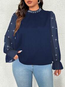 Vionelle Blusa de manga larga con volantes de parche de gasa y decoración de perlas, elegante y romántica para fiestas - Azul Marino - Ver 7