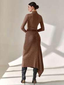 CLARA VERO Smart Office Chic Asymmetrical Cut Midi Length Knitted Skirt - Camel - View 2