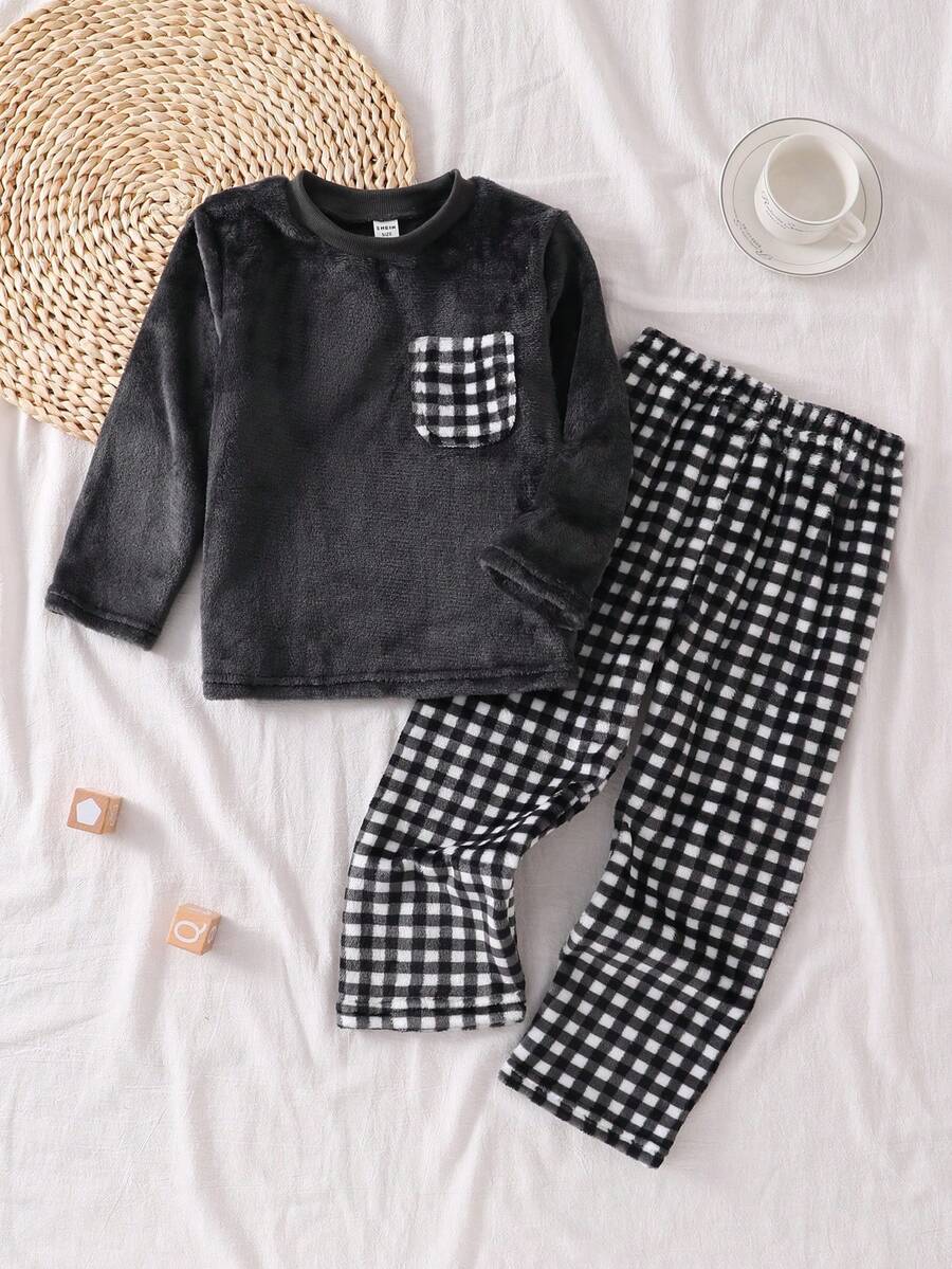 SHEIN 2件套女童毛绒格子长袖上衣和裤子休闲舒适柔软睡衣套装 - 黑色 - 查看 1