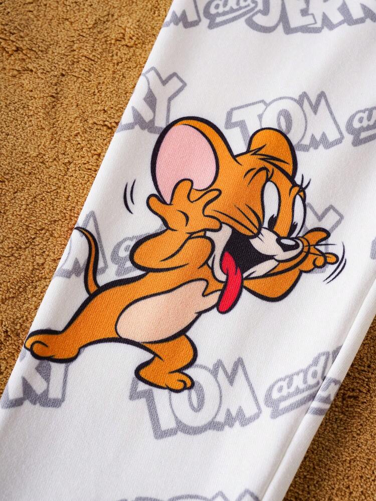 TOM & JERRY X SHEIN مجموعة بيجامة كاجوال مكونة من ملابس علوية بأكمام طويلة وبنطال ذات نمط كرتوني للأولاد، بتصميم ألوان متباينة، قطعتان، مناسبة للارتداء اليومي وبخصر مطاطي - ازرق وابيض - مشاهدة 8