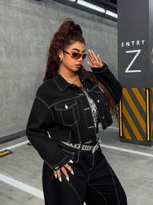 SHEIN Unity Plus Size Fashionable Short Drop Shoulder Long Sleeve Versatile Denim Jacket - Black - View 5