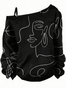 EMERY ROSE 女士加大码休闲肖像图案印花露肩长袖T恤，适合秋冬季，黑色T恤，秋季女装 - 彩色 - 查看 2