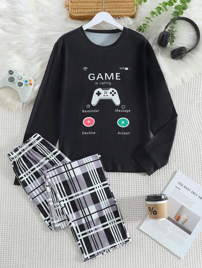 青少年男孩个性化游戏主题睡衣套装，黑色游戏控制器印花上衣和格子长裤，舒适家居服 2 件套，适合春秋冬