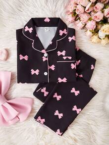 SHEIN Genkimix Kids Tween Girls' Apricot Cute Cherry Print Long Pants And Short Sleeve Casual Loose 2 Pieces Pajama Set - Black - View 7