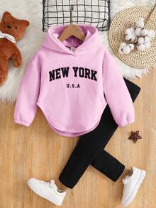 SHEIN 年轻女孩 2 件/套摇粒绒字母刺绣落肩弧形下摆连帽衫和紧身裤套装，运动风格，非常适合秋冬季休闲、日常穿着和学校日常穿着