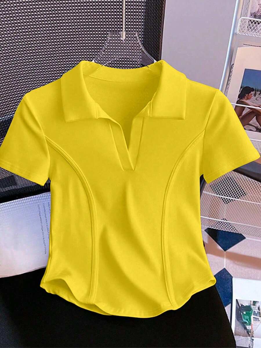 SHEIN 女式纯色 Polo 领短袖休闲百搭 T 恤 - 黃色 - 查看 1