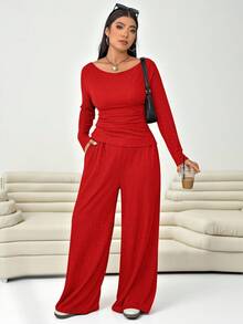 SHEIN EZwear 2件套加大码纹理红色圆领长袖上衣和裤子套装 - 紅色 - 查看 1