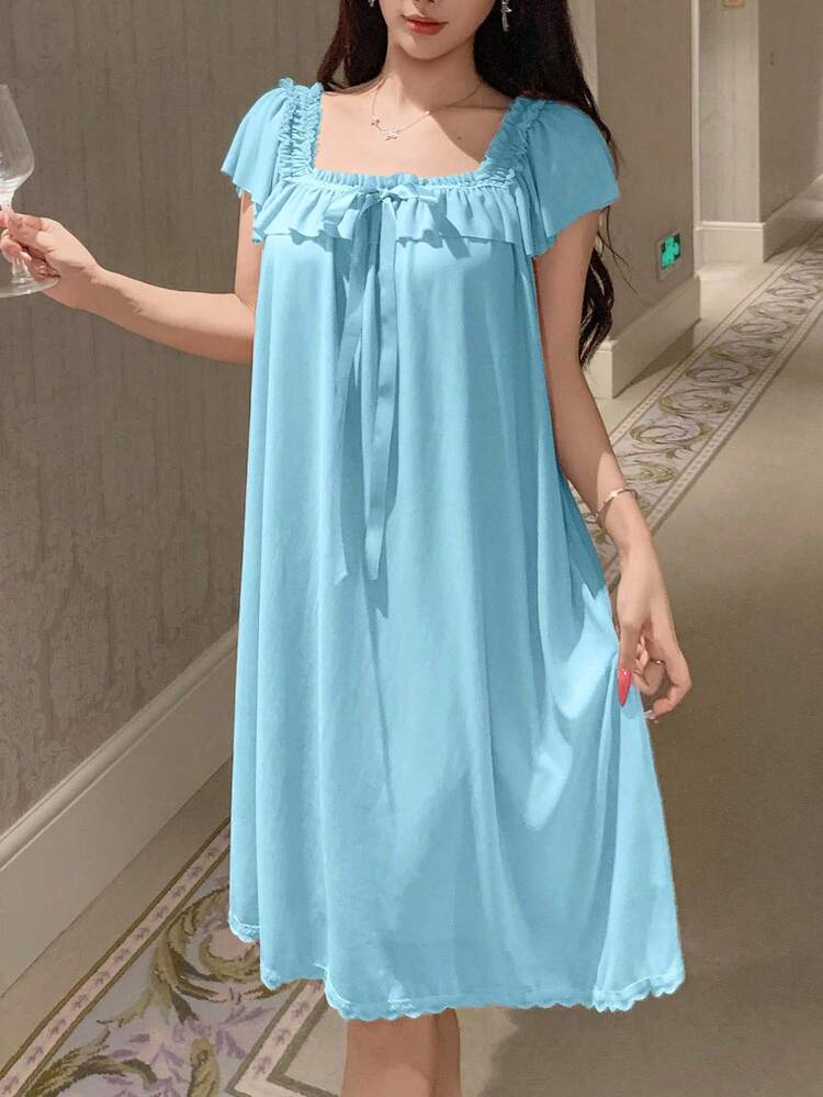 Delicate Lightweight Ruffled Mesh Women Nightgown