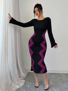 Elenzga Women's Contrast Color Pattern Flare Sleeve Fitted Knit Dress - Purple - View 7
