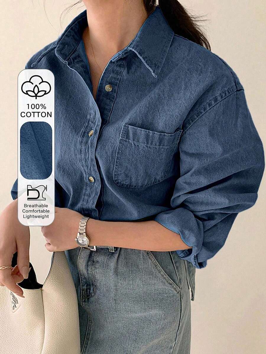 DAZY 浅色水洗牛仔衬衫，有领有口袋，宽松长袖，春夏秋 - 中等水洗藍 - 查看 1