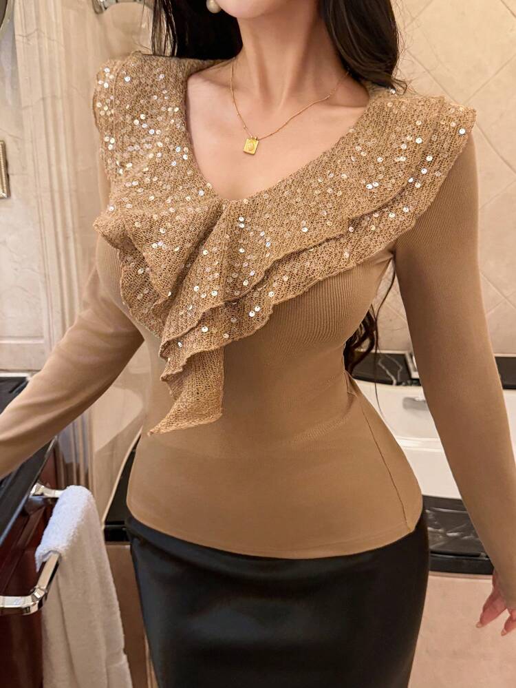 Women's Elegant Sequin Patchwork V-Neck Ruffle Hem Blouse, Autumn Long Sleeve Women