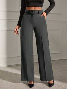 EURMUSE Women's Solid Belted Seam Suit Pants - Dark Grey - View 3