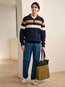 RONVEXI Pull décontracté à rayures color block pour hommes, automne/hiver, Top à manches longues - Multicolore - Voir 6