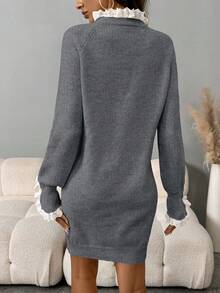 EMERY ROSE Women's Casual Ruffle Collar Raglan Sleeve Knit Sweater Dress, Autumn/Winter - Grey - View 2