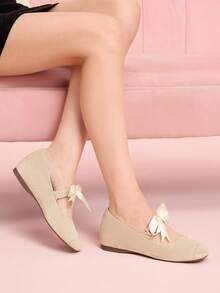 CUCCOO DOLLMOD أحذية نسائية بيج بتصميم بسيط بأصبع قدم مستدير مزينة بفيونكة مرنة، أحذية ماري جين مريحة بكعب مرتفع