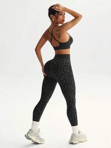 Rhythm Era Seamless High Stretch Leopard Print Sports Bra And Leggings Set - Dark Grey - View 6