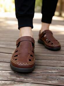 Zapatos de hombre piel suave transpirable punta redonda diseño casual suela cómoda verano sandalia cerrada - Marrón - Ver 2