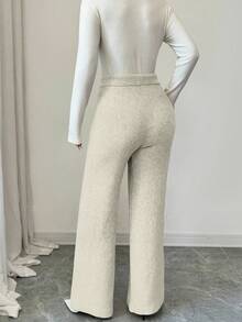 Elenzga 女式高腰抽绳宽松奢华仿羊毛针织阔腿裤 - 米色 - 查看 2