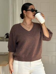 Dazy Plus 大码女式 V 领宽松短袖针织毛衣上衣 - 棕色 - 查看 6