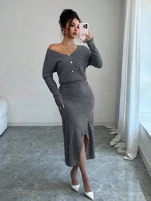 Selianne 女式纯色优雅纽扣设计 V 领毛衣和鱼尾下摆针织裙 2 件套 - 灰色 - 查看 5