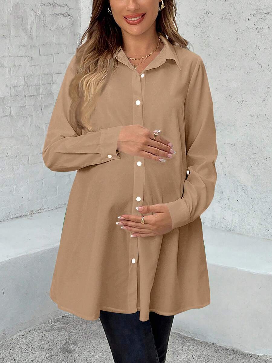 SHEIN Camicia lunga casual monopetto a maniche lunghe di colore unito per gravidanza