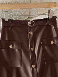 GlowEve 女式纯色 PU 皮革单排扣优雅半身裙 - 咖啡棕 - 查看 4